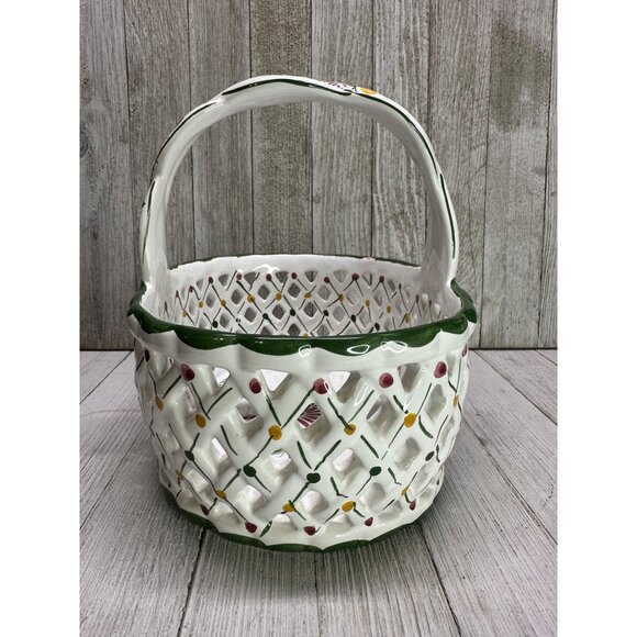 Vtg Holu Painted Lattice Basket Oval Ceramic with Braid Handle Portugal 7" Tall - Picture 3 of 10